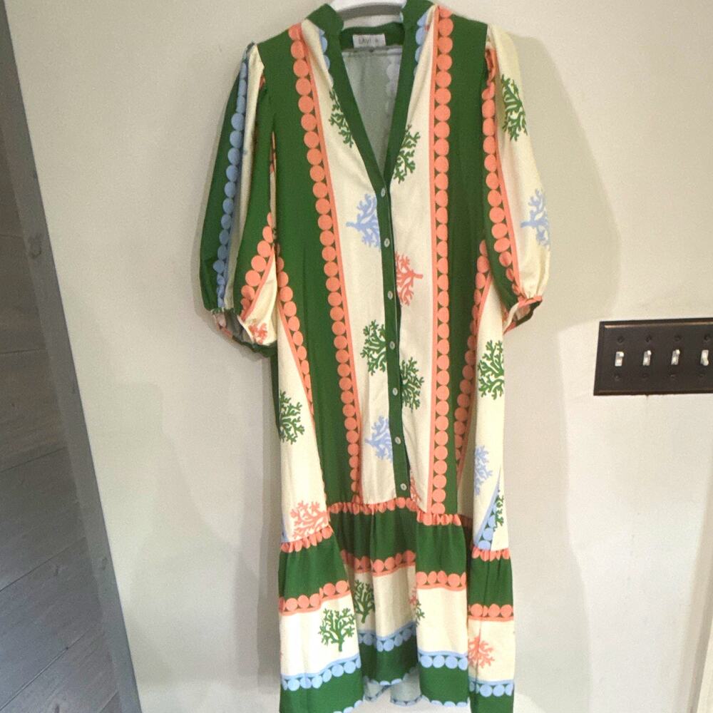 LAVI Green Ivory Striped Shirt Dress V-Neck Button Front Pockets Size M